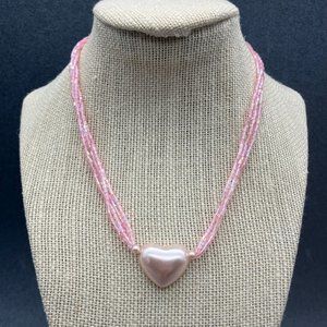 Pink Puffy Heart Necklace As Is 15 In Barbie Iridescent Tube Bead Gold Soft Girl